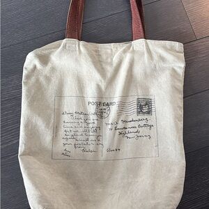 Canvas Tote Bag with Postcard Print and Leather Handles